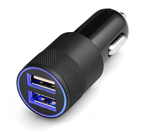 Car Charger Top Geborsteld Aluminium Incl. Heldere Blauwe Led Licht 2 X Usb-poort 2.1A + 1.0A Hoge Snelheid Iq Technologie