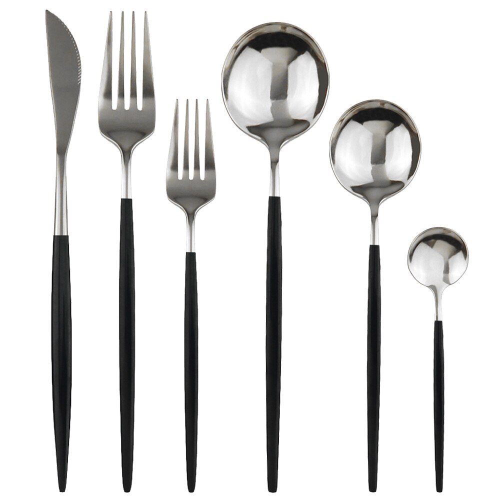 4 sæt blå bestik sæt 18/10 rustfrit stål bestik sæt regnbue service sæt opvaskemaskine sikker kniv gaffel dessert ske teske: Sort sølv