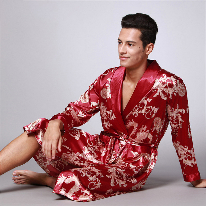 Mannen Zomer Herfst Kimono Badjas Zijde Satijn Gouden Draak Lange Badjas Kamerjas Knielengte Zwarte Nachtkleding
