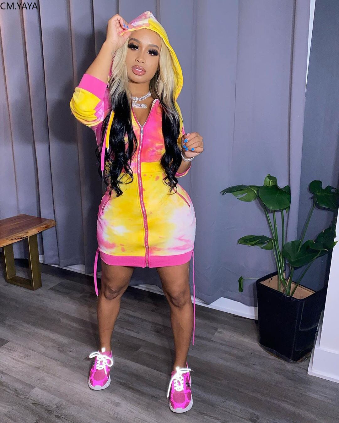 Cm.yaya efterår tie dye print hætte lynlås dame kjole afslappet streetwear hættetrøjer sweatshirts langærmede kjoler 3 farver