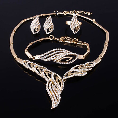 Hochzeit Braut Party Wellenförmige Strass Halsband Halskette Armband Ring Ohrringe Set Dubai Gold Schmuck Sets Für Frauen Neue