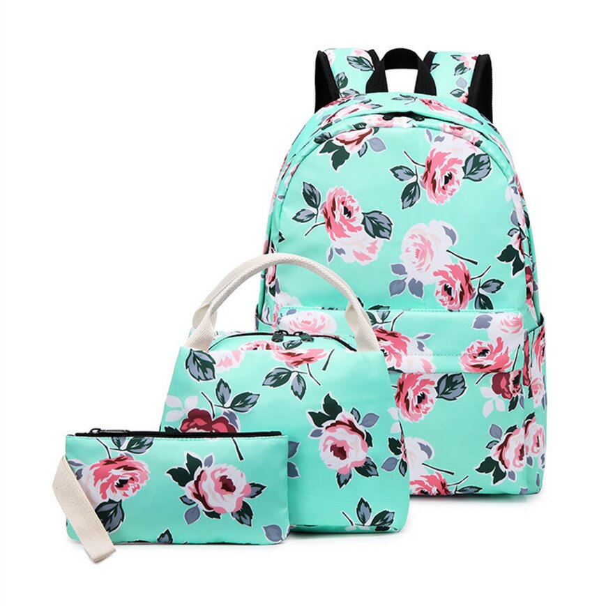 Okkid Bloemen School Rugzak Voor Meisjes Groene Bloemen Schooltassen Boek Kinderen Pen Potlood Tas Set Leuke Voedsel Zak: green-3