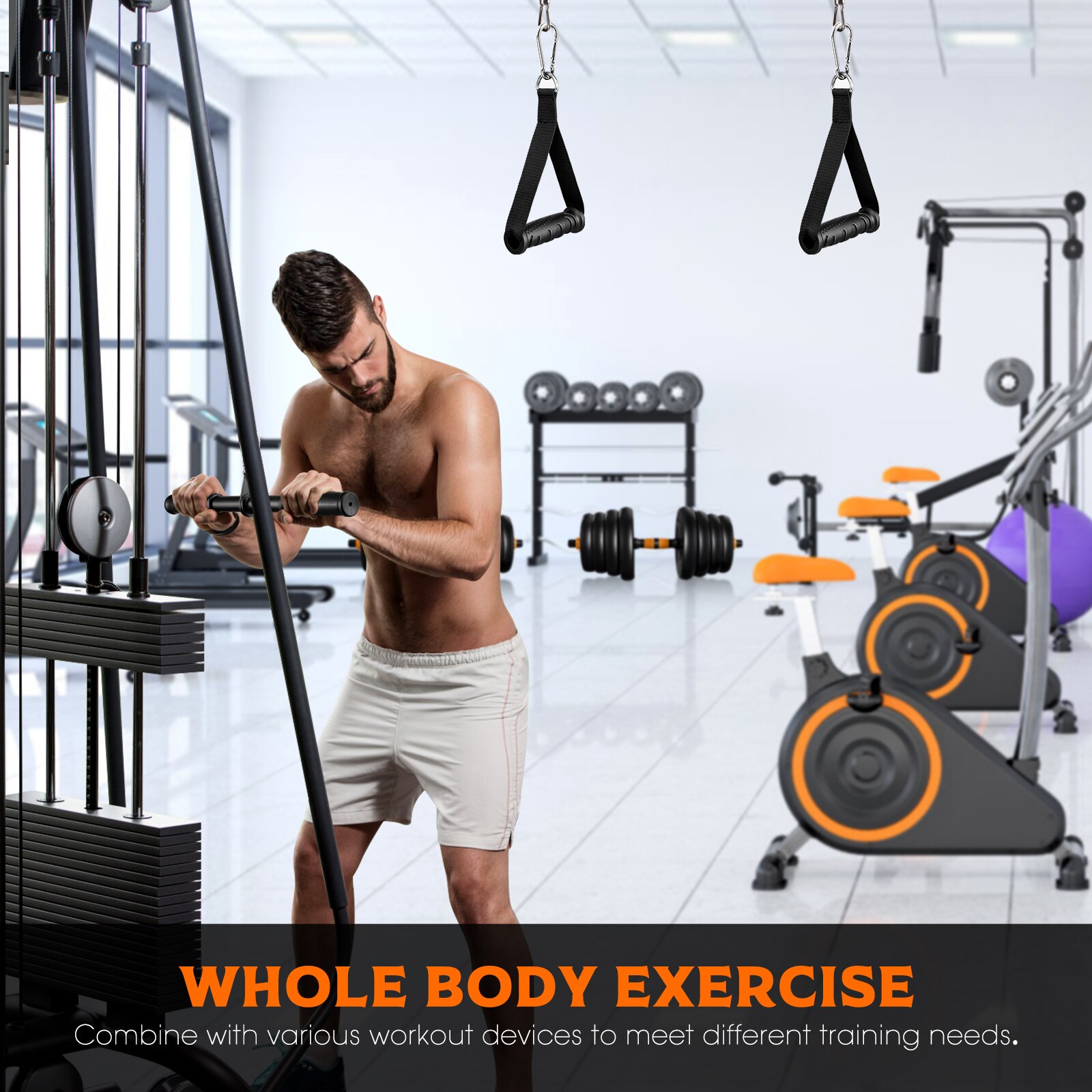 Abaodam Down Bar with Carabiners Exercise Hand Handles Rotating Straight Bar for Home Gym Cable Machine Attachment