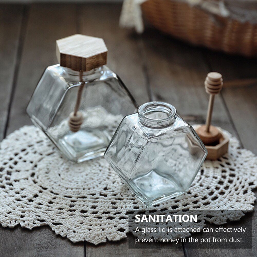 2 uds 380 Mini vaso de ML tarro de miel Hexagonal botella de miel recipiente Pot con palito de madera para miel cuchara para miel botella de embalaje