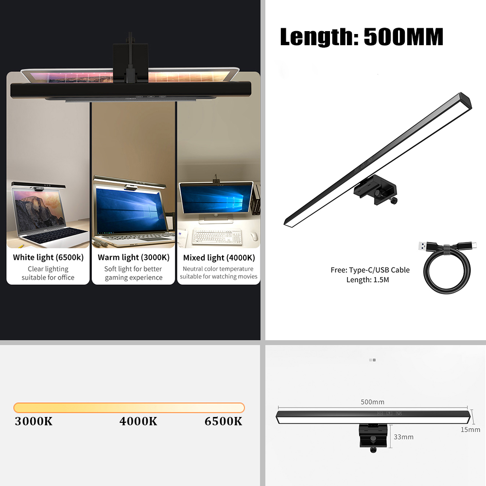 Barre lumineuse de moniteur d'écran incurvé rvb, USB, gradation continue, lumière suspendue, atmosphère LED, lampe de Table pour ordinateur portable, moniteur de barre lumineuse: GRIS