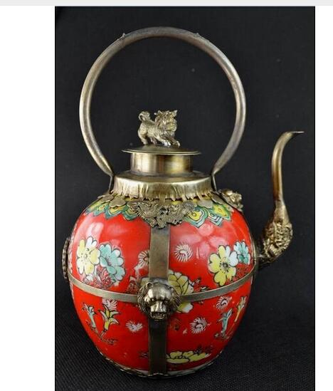 Oude Handwerk Koper Zilver Chinese Collectibles Versierde Tibet Zilver Rood Porselein Leeuw Deksel Grote Theepot