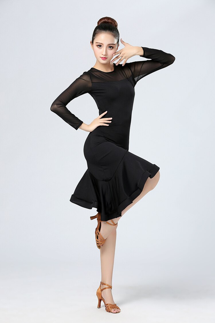 Black Latin Dance skirt Woman Practice latino dress Performance Long-sleeve Latin Dance skirt Woman Latin dance dresses