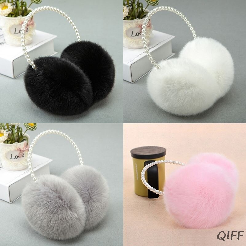 Women Girls Winter Fluffy Plush Earmuffs Imitation Pearl Beaded Headband Thicken Ear Warmer Princess Kids Party Styling Headwear