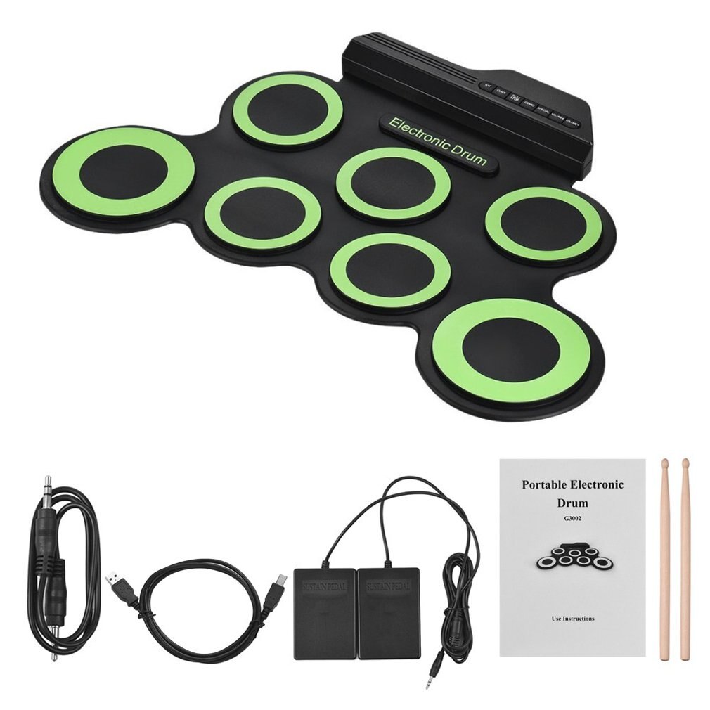 Elektronisk tromle digital usb 7 pads rulle op trommesæt silikone elektrisk tromlepadsæt med trommestik fodpedal percussion: Grøn