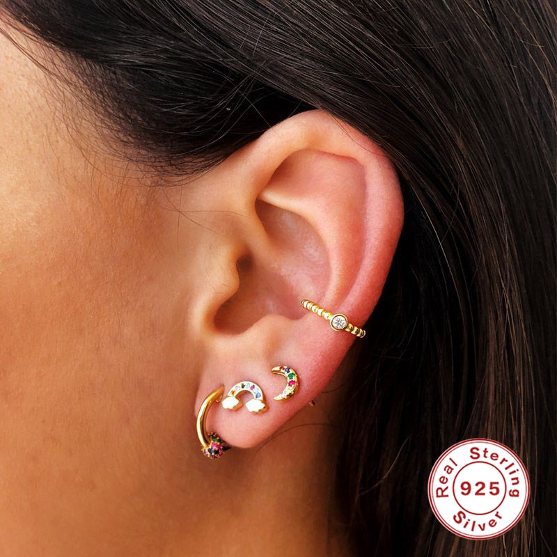 ROXI Mini Rainbow Cloud Moon Crystals Stud Earrings for Women Girl Birthday 925 Sterling Silver Earrings Piercing Orecchini