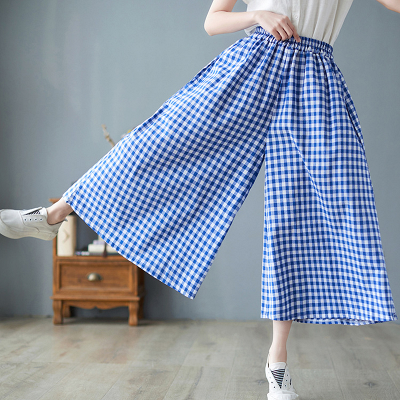 Woman Dress Plaid Pants Thin Cotton Linen Wide Leg Trousers Women Summer High Waist Baggy Jogger Pants Sweatpants