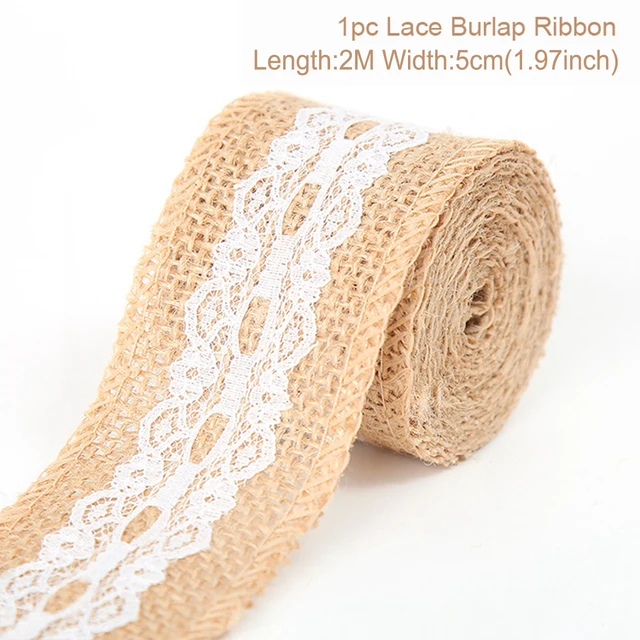Cinta de encaje de arpillera de yute Natural de 2 metros y 5cm con borde de encaje blanco, decoración rústica de boda para boda, cintas artesanales con lazo DIY: Blanco