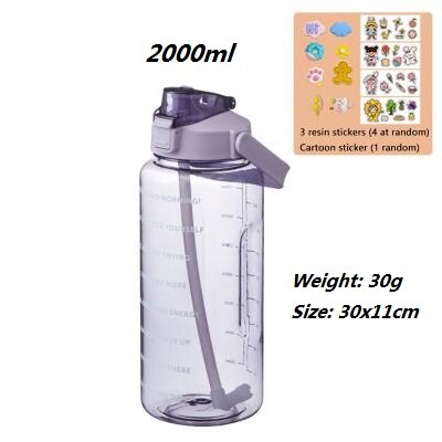 2000Ml Outdoor Water Grote Ketel Met Stro Sport Flessen 3D Cartoon Stickers Water Storge Transparante Sport Fles: 3DSticker Purple