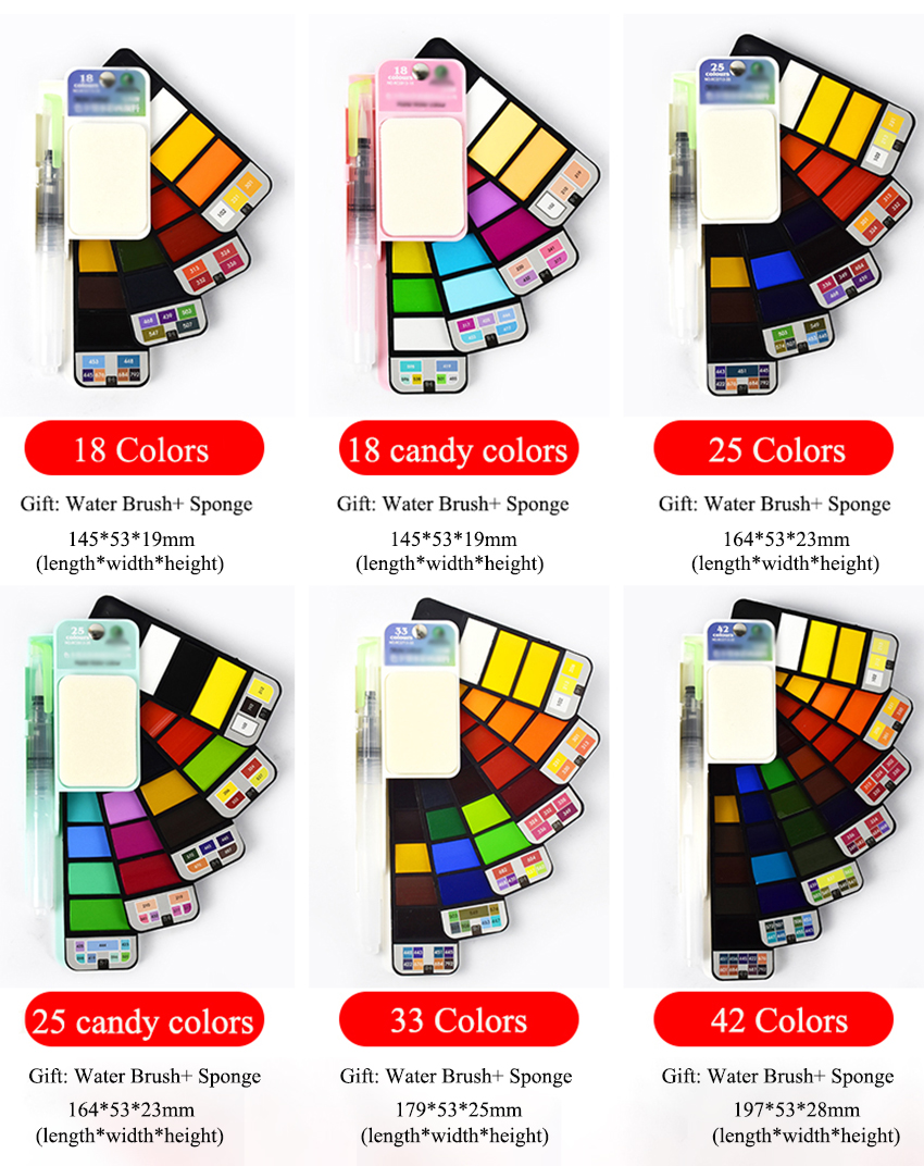 18/25/33/42 kleuren Opvouwbare Effen Aquarel Verf Set Fan Vormige Aquarel Met Water Borstel Pen wasbare Spons