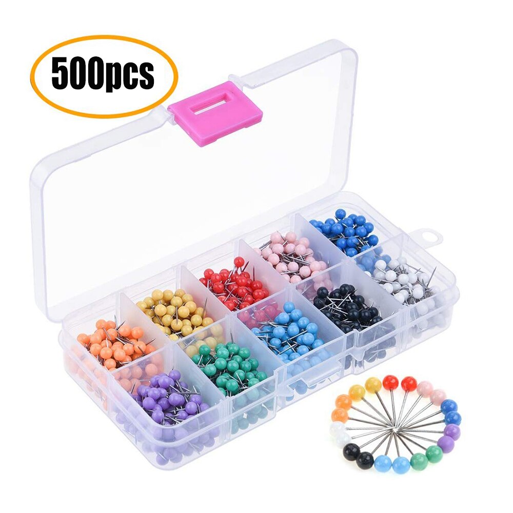 500 Map Tacks Push Pins Plastic Head With Steel Point Board Flag Desk Thumb Tacks Drawing