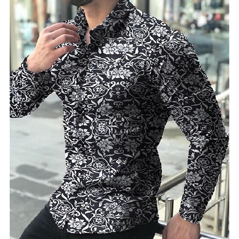 Neue herren Langarm Herbst lässig Taste-Nieder Hemden oben Blumen- drucken Männlich Geschäfts Schlank Muskel Spitzen: Schwarz / XXL
