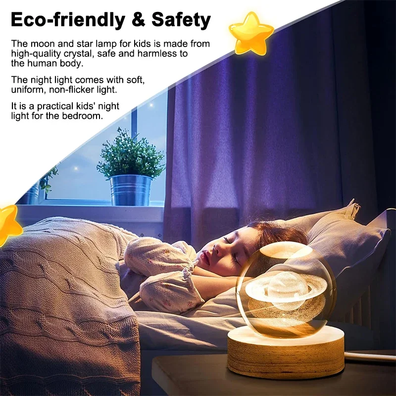 Leuchtende Kristallkugel LED Nachtlicht Saturn Sonnensystem 3D Mond Tischlampe USB Schlafzimmer Atmosphäre Lampe für Geburtstag Kind *