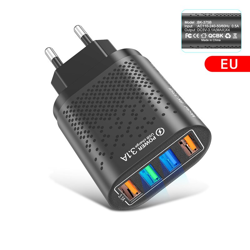 USLION 48W ładowarka USB szybkie ładowanie QC 3.0 ściana ładowanie dla iPhone 12 11 Samsung Xiaomi Mobile 4 porty ue usa wtyczka Adapter podróży: Black EU