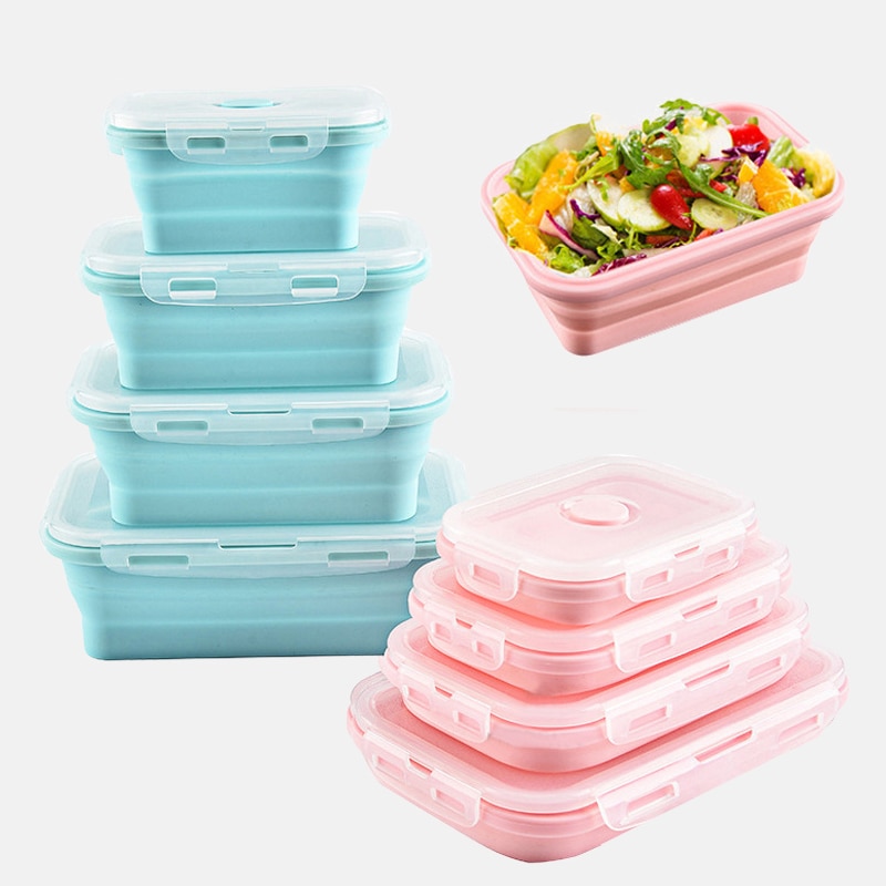 Portable Collapsible Silicone Lunch Box for Kids Food Storage Container Bento Free Microwavable Picnic Camping Rectangle Outdoor