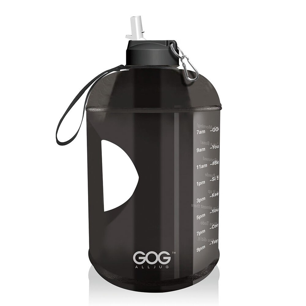 Gallon vandflaske med tidsmarkør og halm motiverende vandkande bpa gratis lækagesikre store vandflasker: Sort