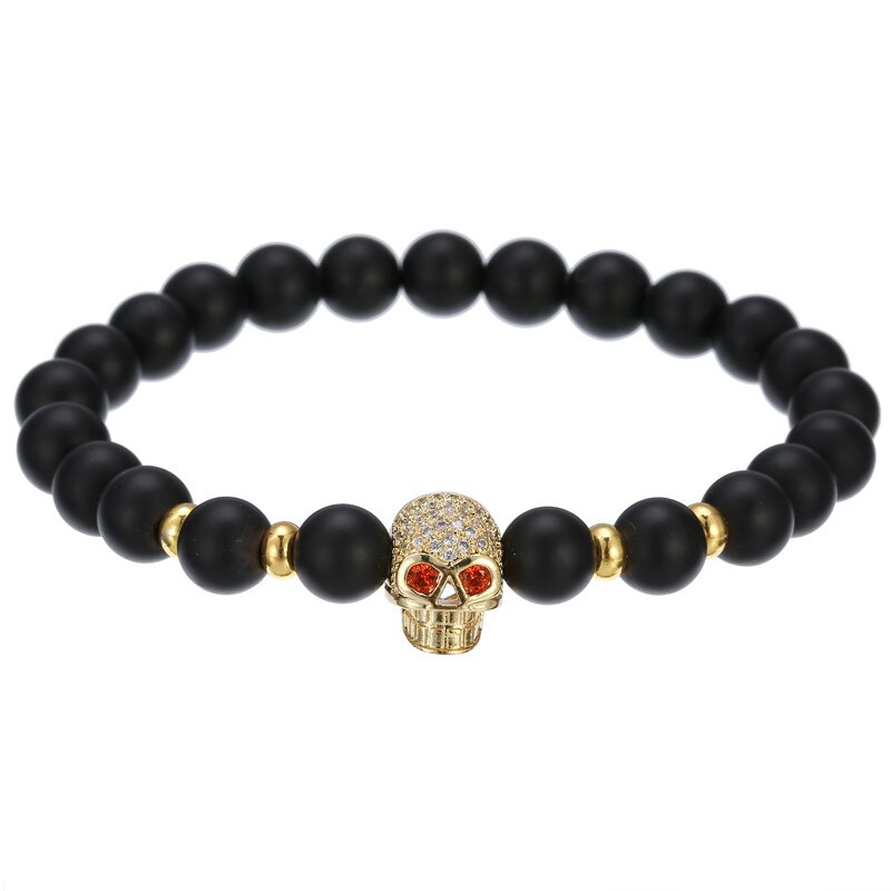 Pulsera de cobre hecha a mano para hombre y mujer, Micro CZ King crown, cuentas elásticas de 8mm, brazalete de joyería,: BA-014G