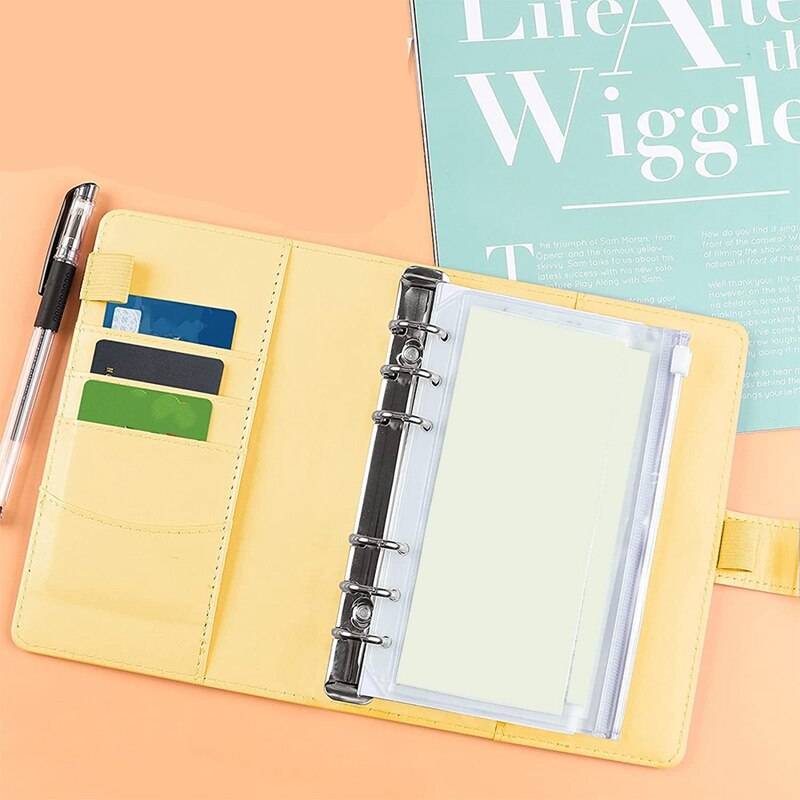 A6 PU Leather Binder Cover with Binder Pockets, Expense Budget Sheets and Labels for Budget Organizer Envelopes (Yellow)