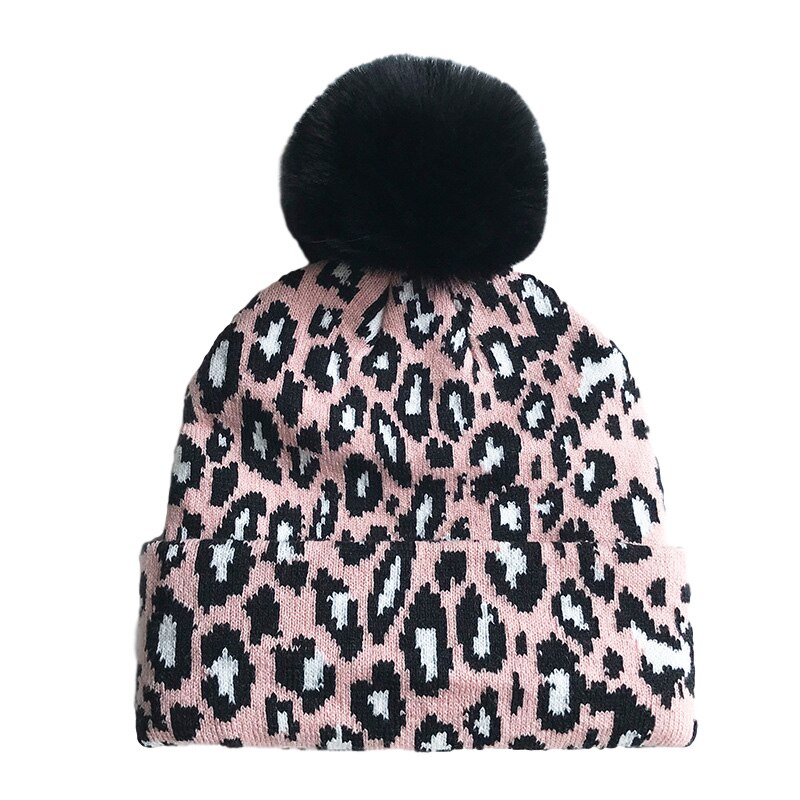 Leopard baby vintermössa för flickor pompong stickad mamma barn mössa för pojkar mössor elastisk varm beanie mössa: Rosa / L (vuxen)