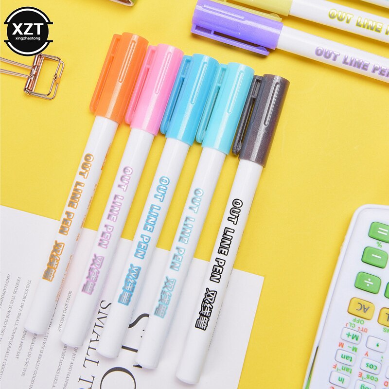 Colorful Highlighter Pen Writing Drawing Double Line mildliner Outline Pen Fluorescent Markers Letter Album Card Pen stationery
