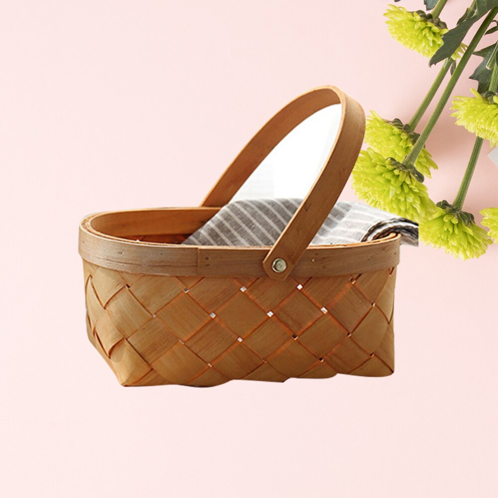 Portable Rattan Storage Container Storage Basket Houseware Storage Basket Wooden Woven Storage Basket with Handle(Small