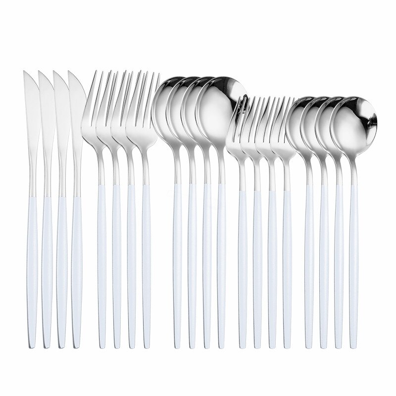 Pink Silver Dinnerware Set Stainless Steel Cutlery Kitchen Dinnerware Tableware Set Forks Western Knives Spoons Cutlery Set 20pc: white silver 20pcs