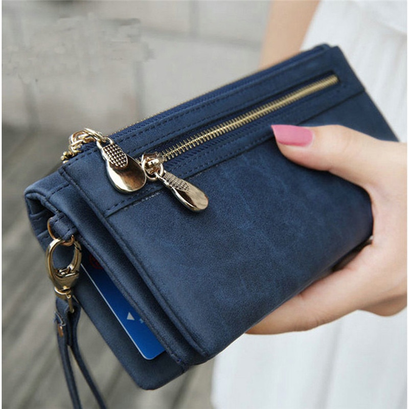 Women Wallets Dull Polish Leather Wallet Double Zipper Day Clutch Purse Wristlet Portefeuille Handbags Carteira Feminina