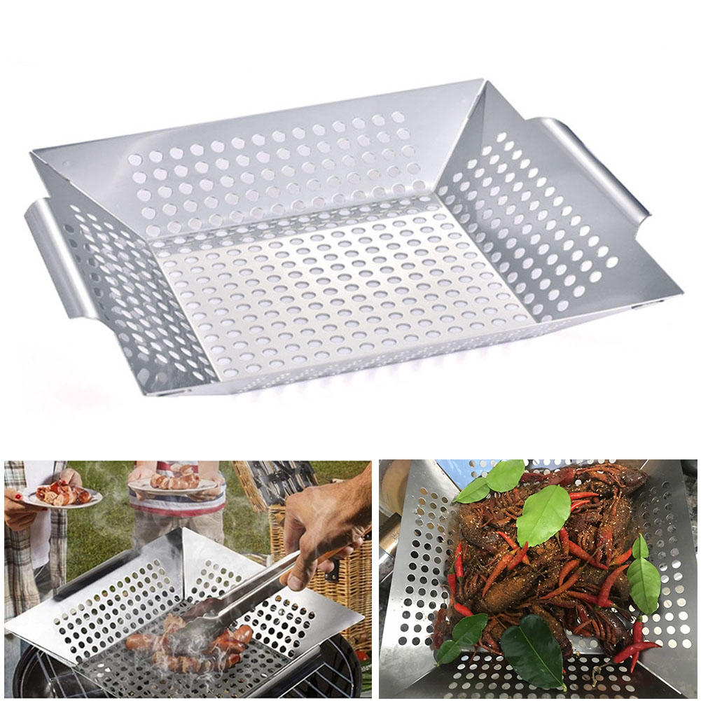 Barbecue Grill Pan Baking Tray Stainless Steel Square Vegetable Grill Basket BBQ Grid Topper Veggies Barbecue Wok Tool