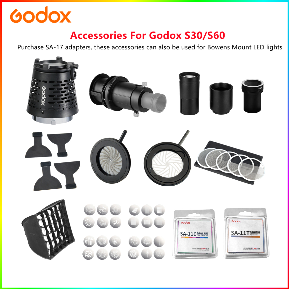 Godox S30/S60 Focusing LED Light Accessories Projection Lens Gobo SA-17 Bowens Mount LED Light To Projector Attachment Spotlight