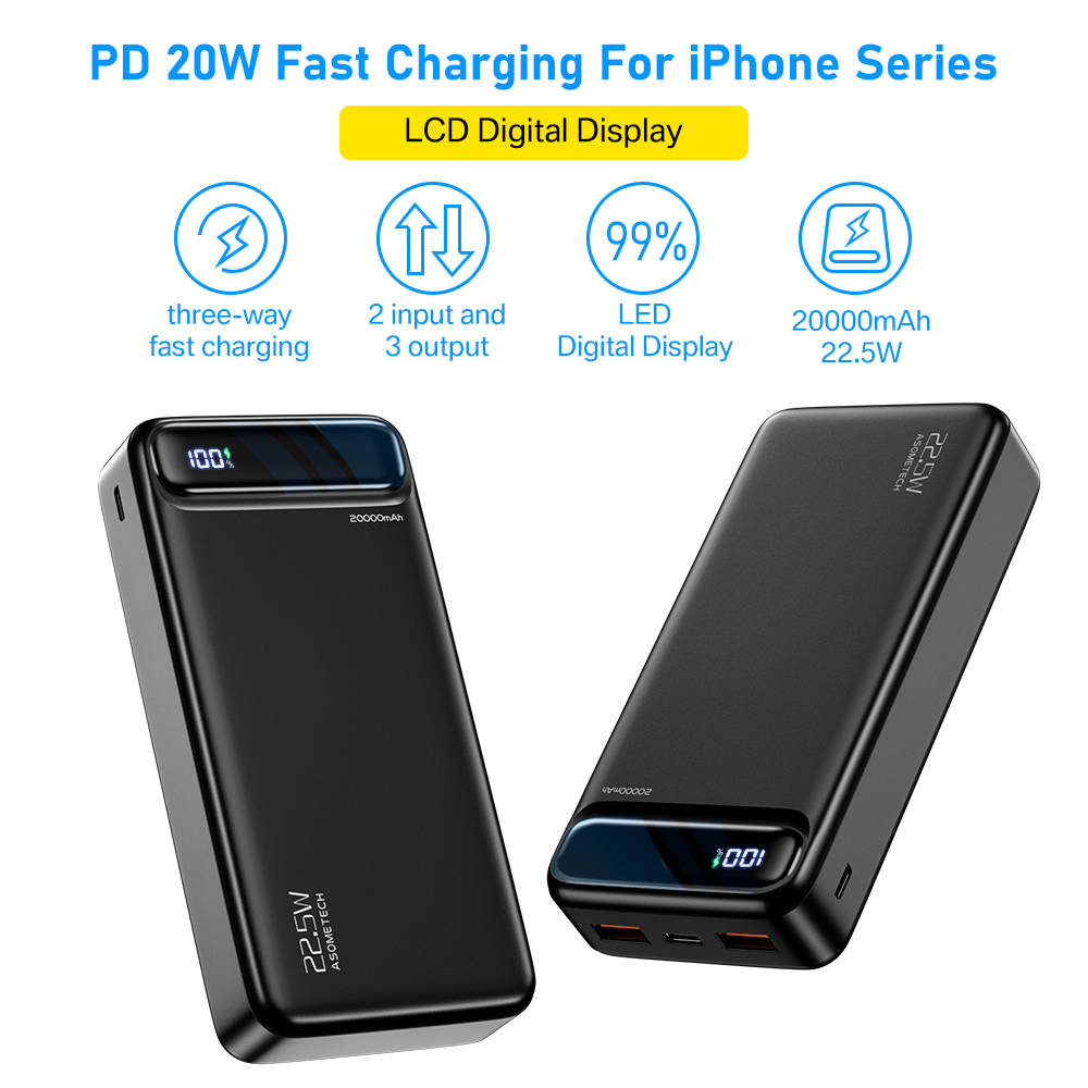 Power Bank, 20000mAh, 10000mAh External Battery for Phone Powerbank, External accumulator, Quick Charge, USB, 22.5W SCP PD 20W