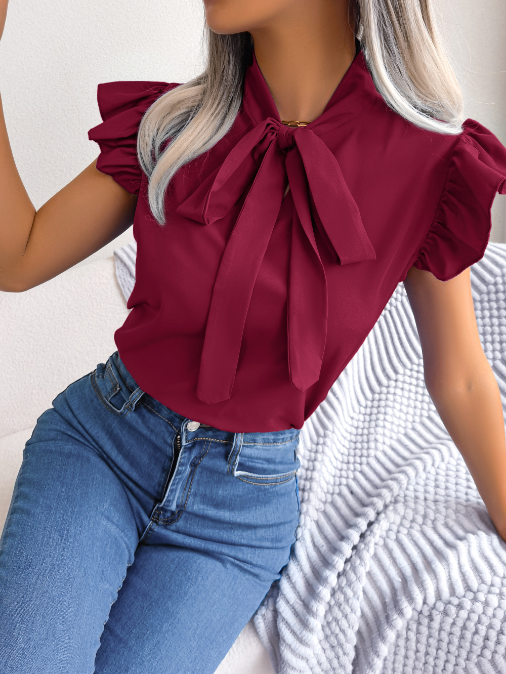 Blusa de gasa de manga corta con volantes y lazo informal de verano para mujer: S / Color claret