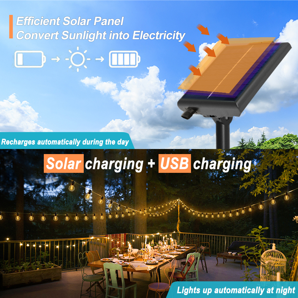 LED G40 Solar String Lights with Remote Control and Weatherproof Globe Bulbs Solar Charge Garland String Lights for Garden Decor