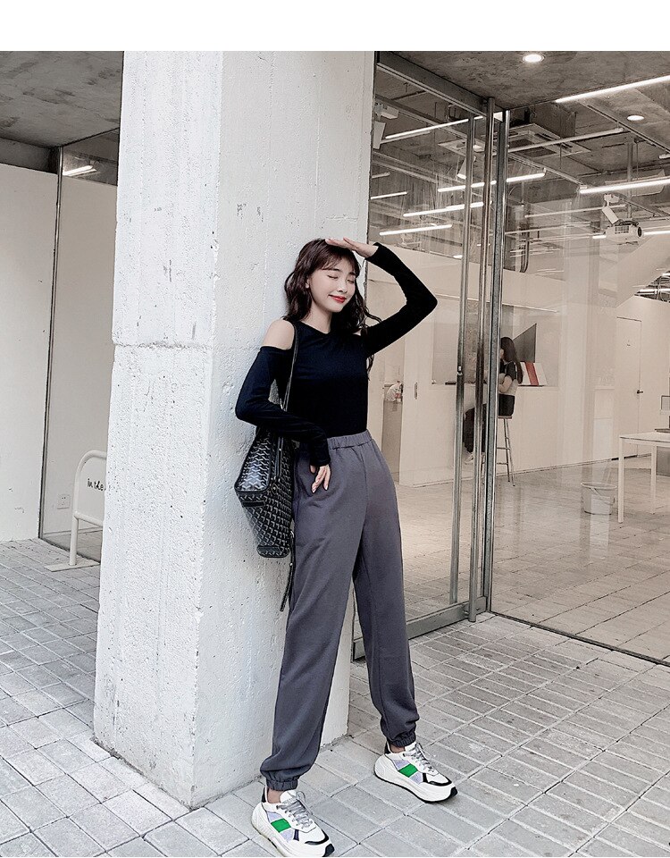 Pantalon de survêtement gris pour femmes, couleur unie, taille haute, ceinture, jogging, sport de rue, Harlan