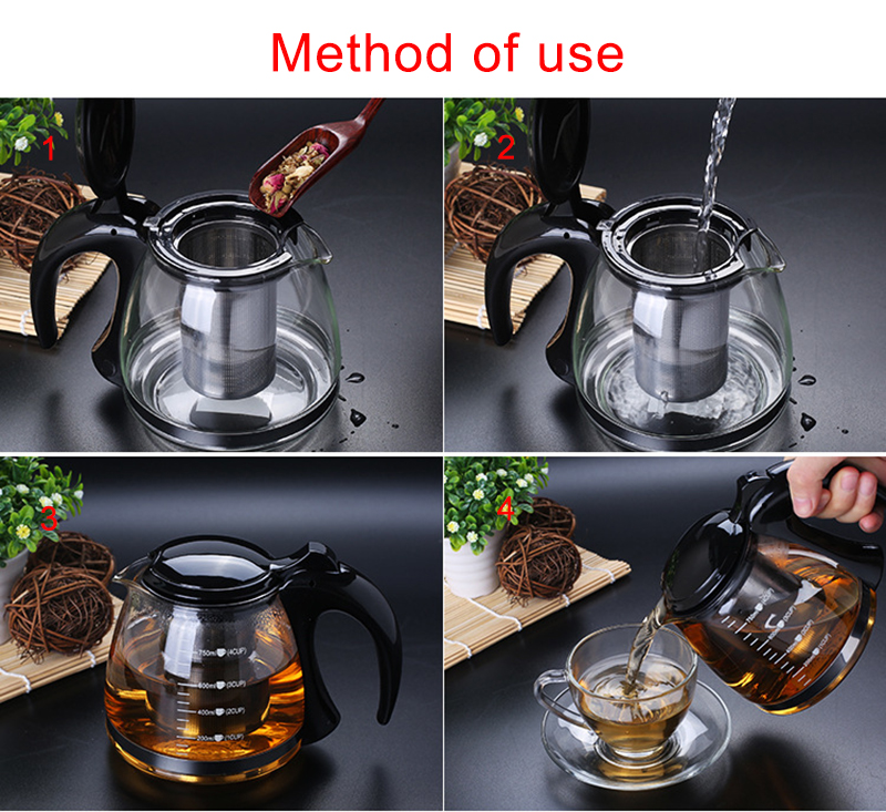 750ml & 1200ml glas tekanna glastekanna för teblomma med avtagbar stålinfusionsfilter tekanna