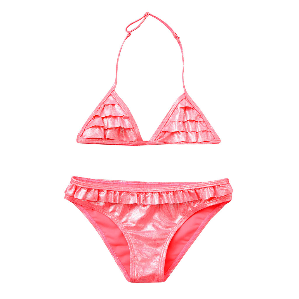Toddler Kids Girls Ruffles frills Solid color split swimsuit bikini Sparkle Summer Swimwear Swimsuit Bikini Outfits L1203: Red / 8