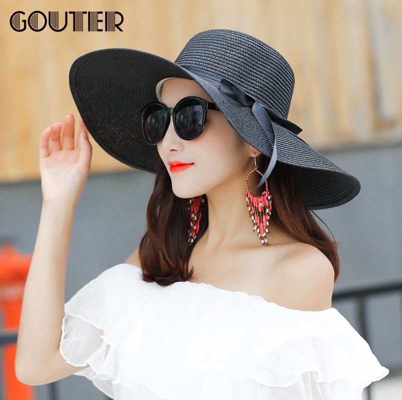GOUTER-chapeau d'été résistant au soleil pour femmes, chapeau en paille pliable Portable à large bord, ruban de fête sur la plage, chapeau à nœud papillon