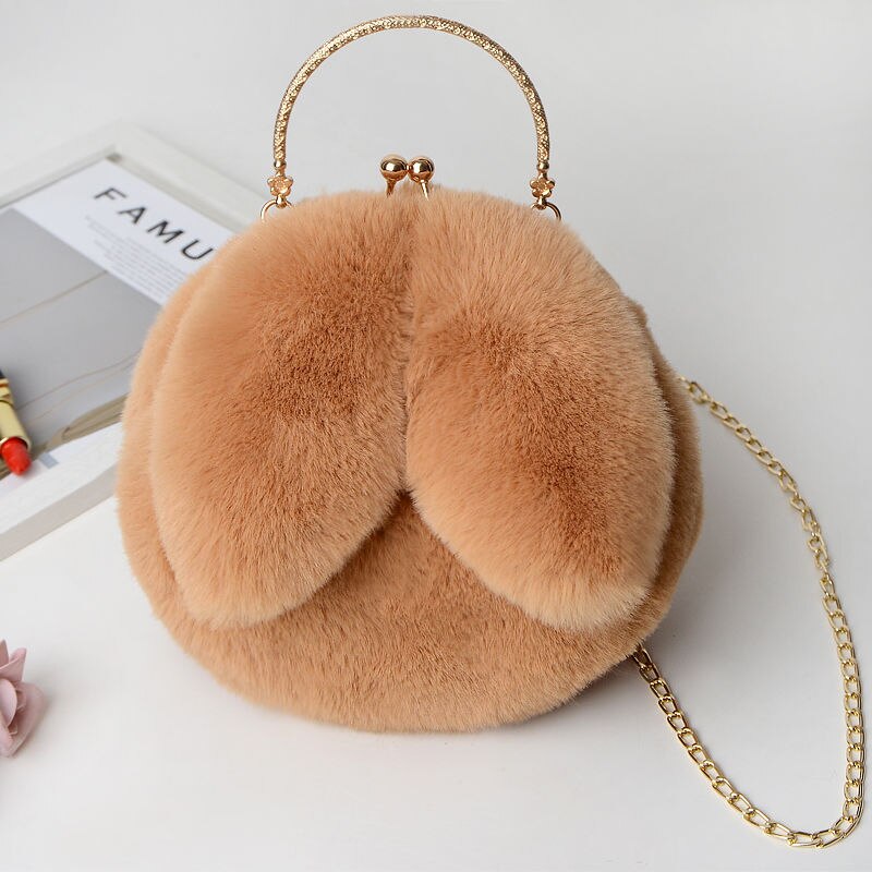 Faux Fur Rabbit Ears Plush Kawaii Round Bag Shoulder Crossbody Bags Women Chain Messenger bag Ladies Solid Furry Handbag: Dark Brown