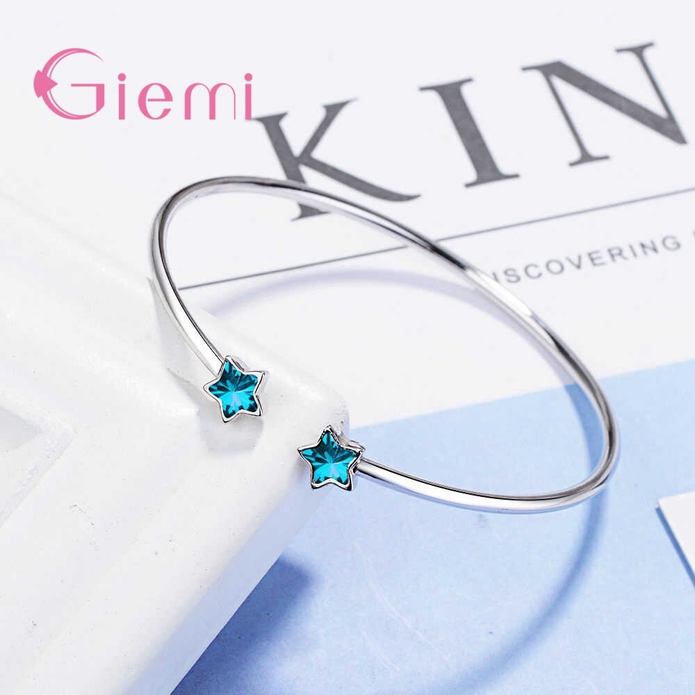 Pulsera abierta de Plata de Ley 925 para mujer, Simple, dos lindos, estrella azul, joyería de San Valentín, de amor