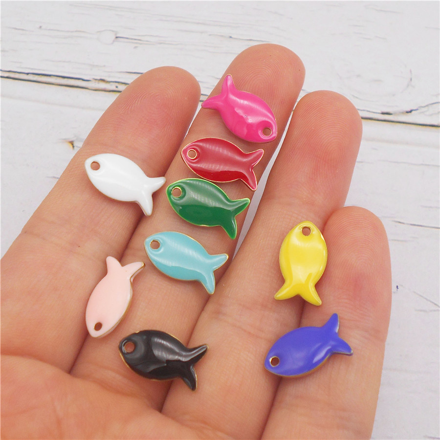 Julie Wang-abalorio de pez pequeño esmaltado de doble cara, pulsera con colgante de Animal de dibujos animados de cobre, Accesorio para hacer joyas, 9 piezas, 14x8mm