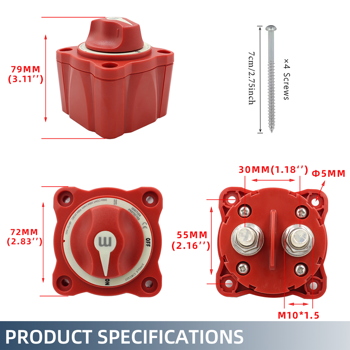 M Series Battery Disconnect Switch, 100A-300A Marine Single Circuit Battery Shut Off Switch, 48V Power Kill Switch Isolator
