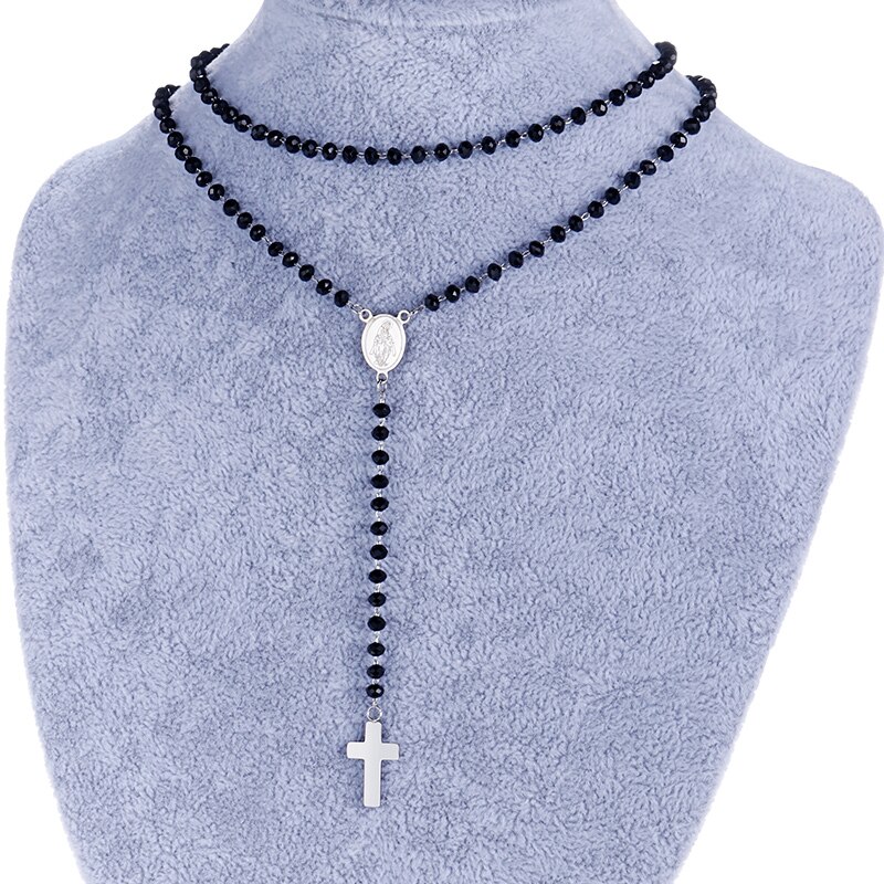 Religious link pearl necklace for women stainless steel cross virgin mary enamel necklace jewelry 60cm(23 ”) long , 1 pc: Silver