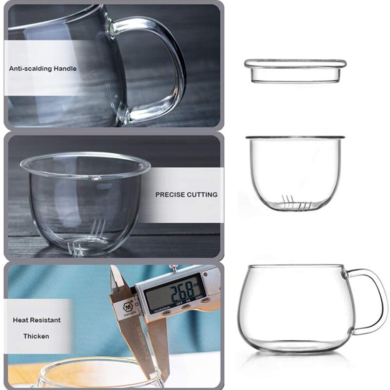 Tea Cups Kits Tea-leaf Brewing System Thickened Glass Cups with Tea Infuser Basket and Lid Filtration Teacups for Family Daily