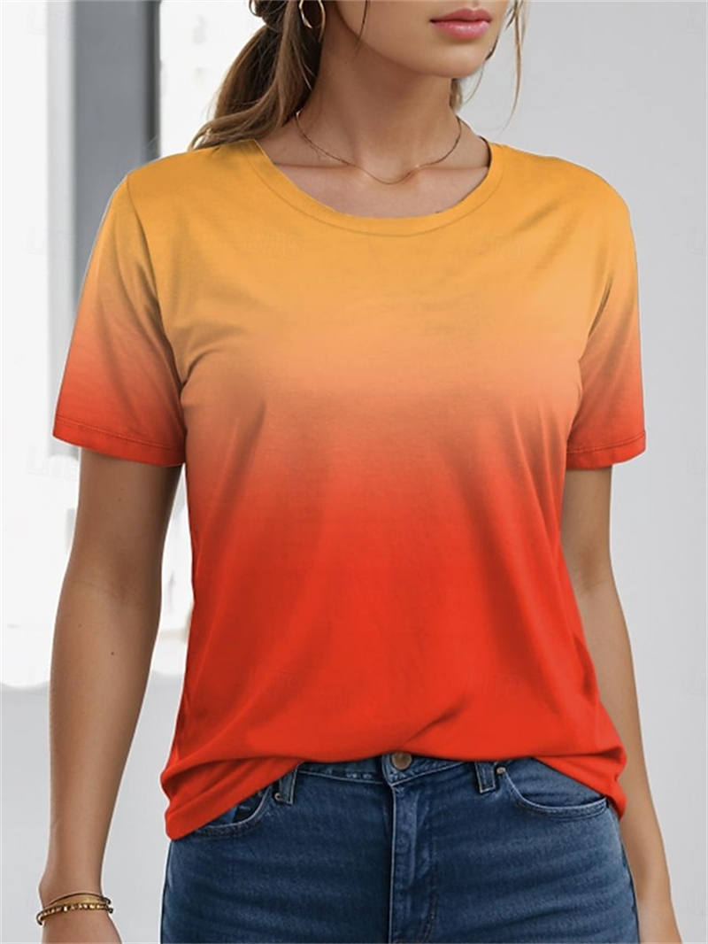Damefarvegradient gul blå orange print t-shirt klassisk kortærmet t-shirt damer o-hals toppe t-shirts: Xs / Sort