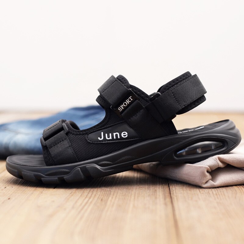 Men Sandals Mesh Breathable Velcro Summer Flat Shoes Outdoor Non-slip Sports Sandals Simple Black Air Cushion Beach Man Shoes