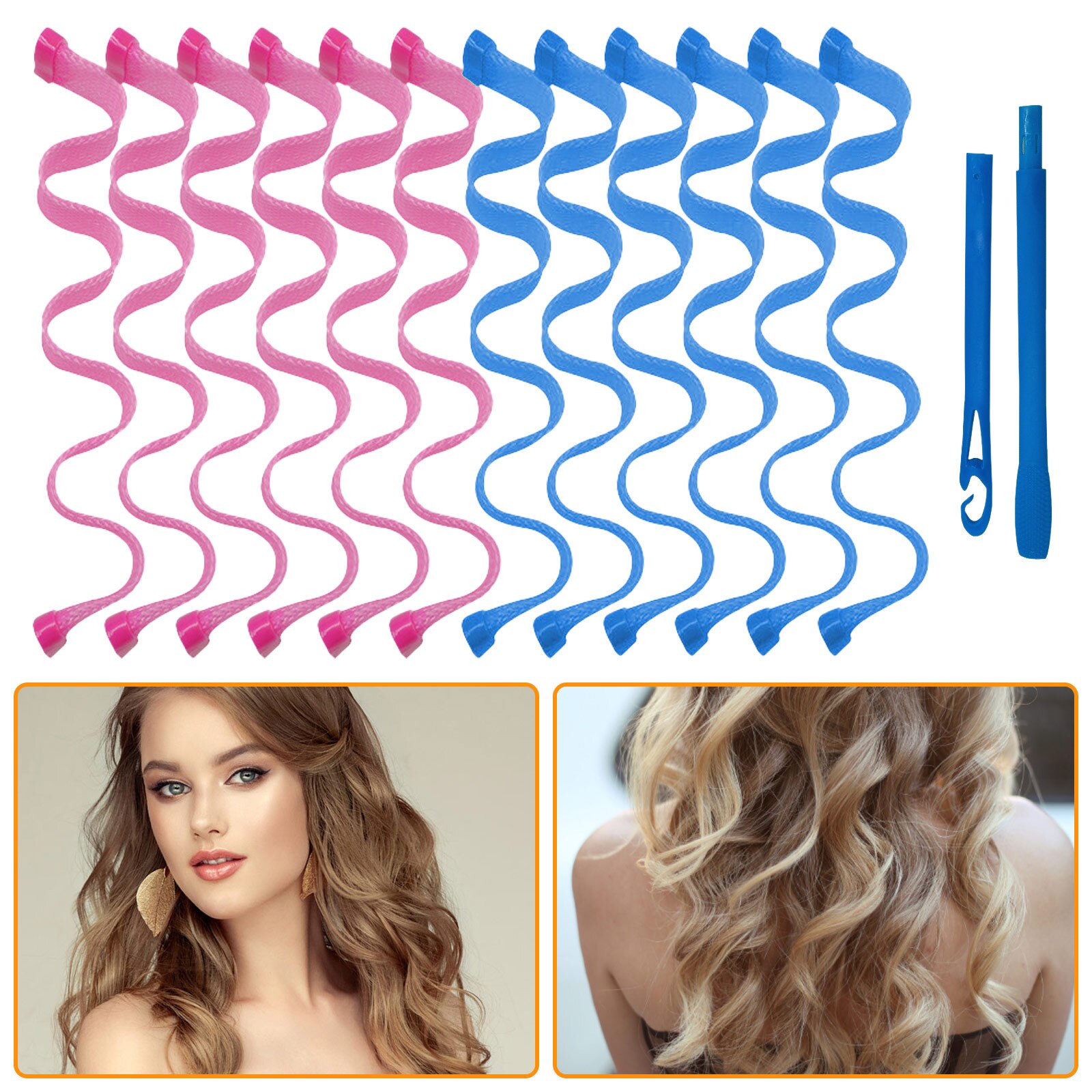 Bigoudis magiques en spirale, sans chaleur, avec 4 crochets, accessoires de coiffure pour la maison, bricolage, 32 pièces: 12pcs Pink Blue