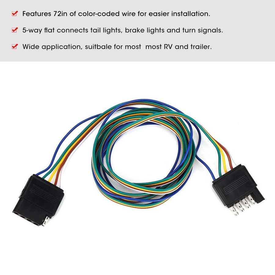 5-Pin Flat Connector Plug Coded Wires Wiring Harness US 72in Color